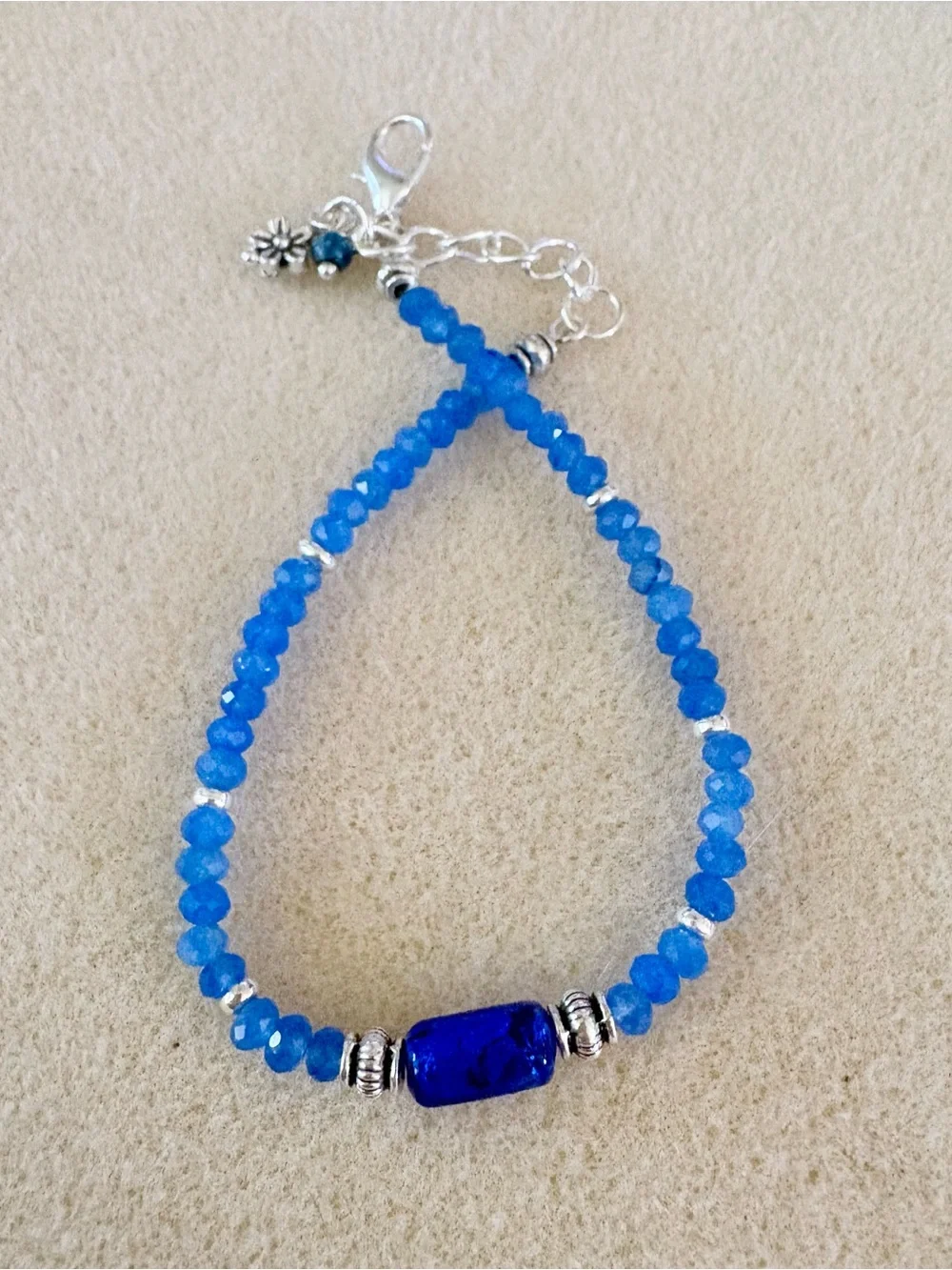 Blue Beaded Agate Bracelet with Silver Accents and Czech glass focal